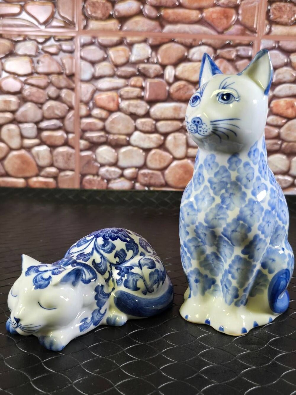 Two Porcelain Blue Painted Cats
